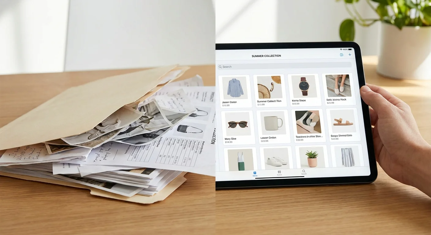 A split-screen comparison showing a messy folder of disorganized images on the left, and a clean, unified digital catalog interface on the right.