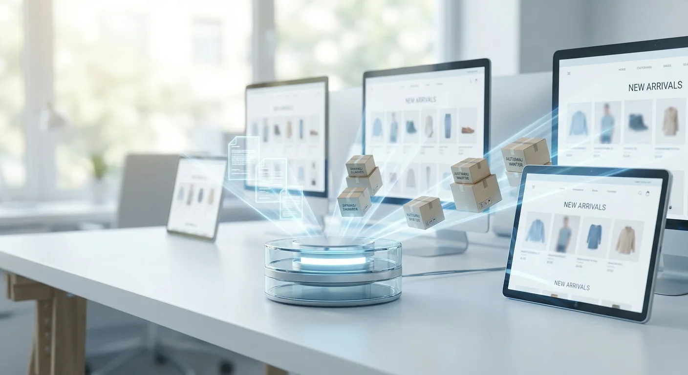 A glowing, futuristic AI hub distributing perfectly packaged product boxes onto multiple digital storefront screens.