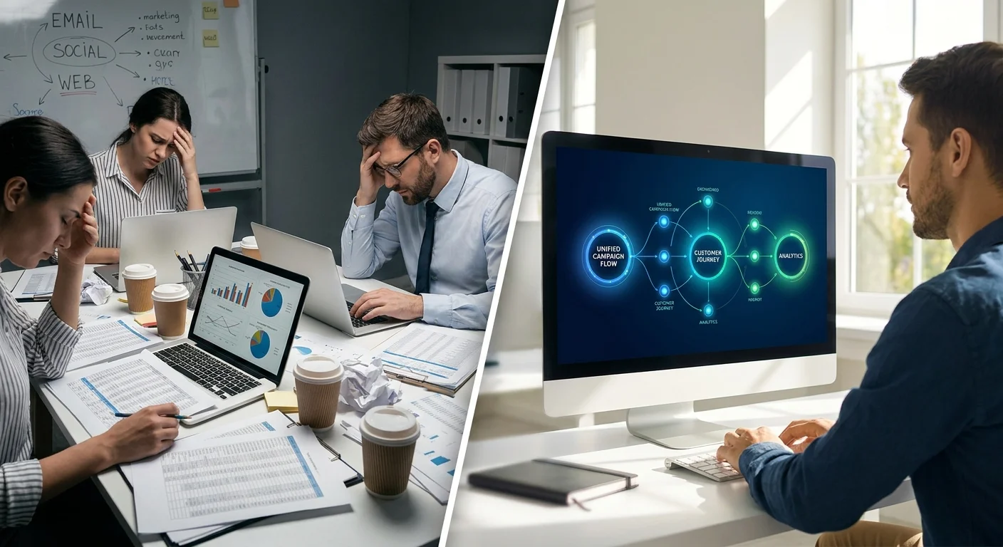 A split-screen concept showing a chaotic, siloed multichannel marketing team overwhelmed with spreadsheets on one side, and a seamlessly unified omnichannel dashboard with connected glowing nodes on the other.