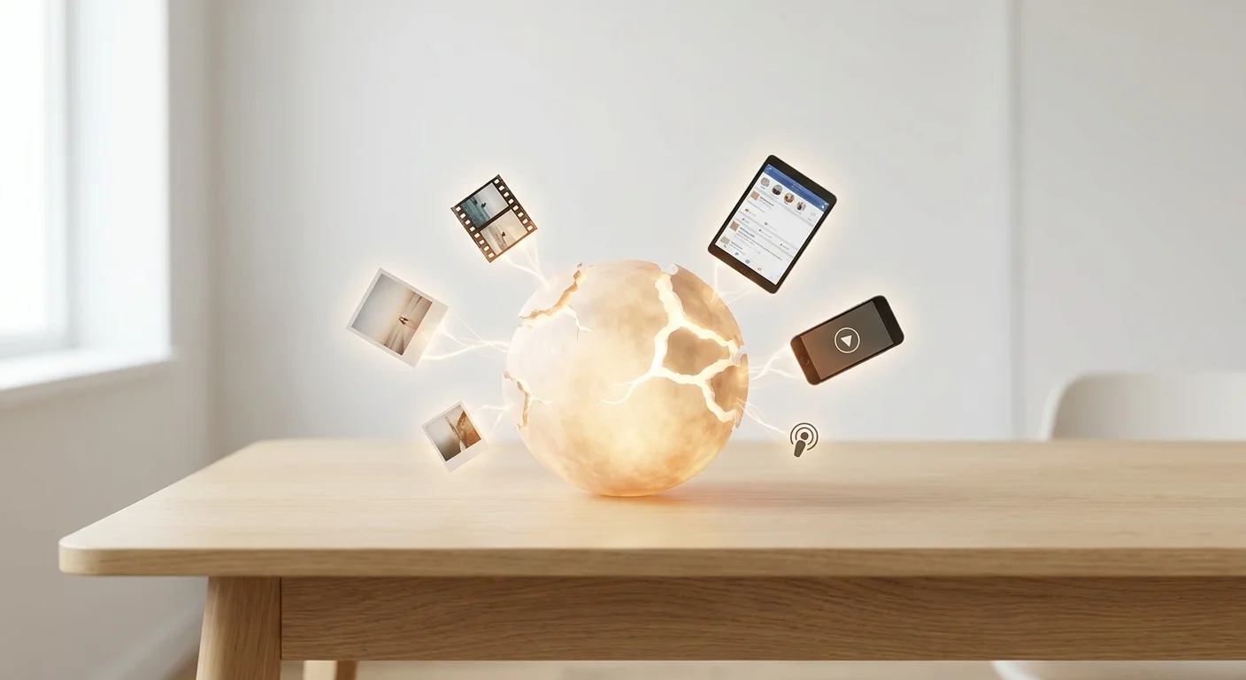 A visual diagram showing a single core asset like a central glowing orb breaking apart into smaller, distinct social media and video formats, illustrating content atomization.