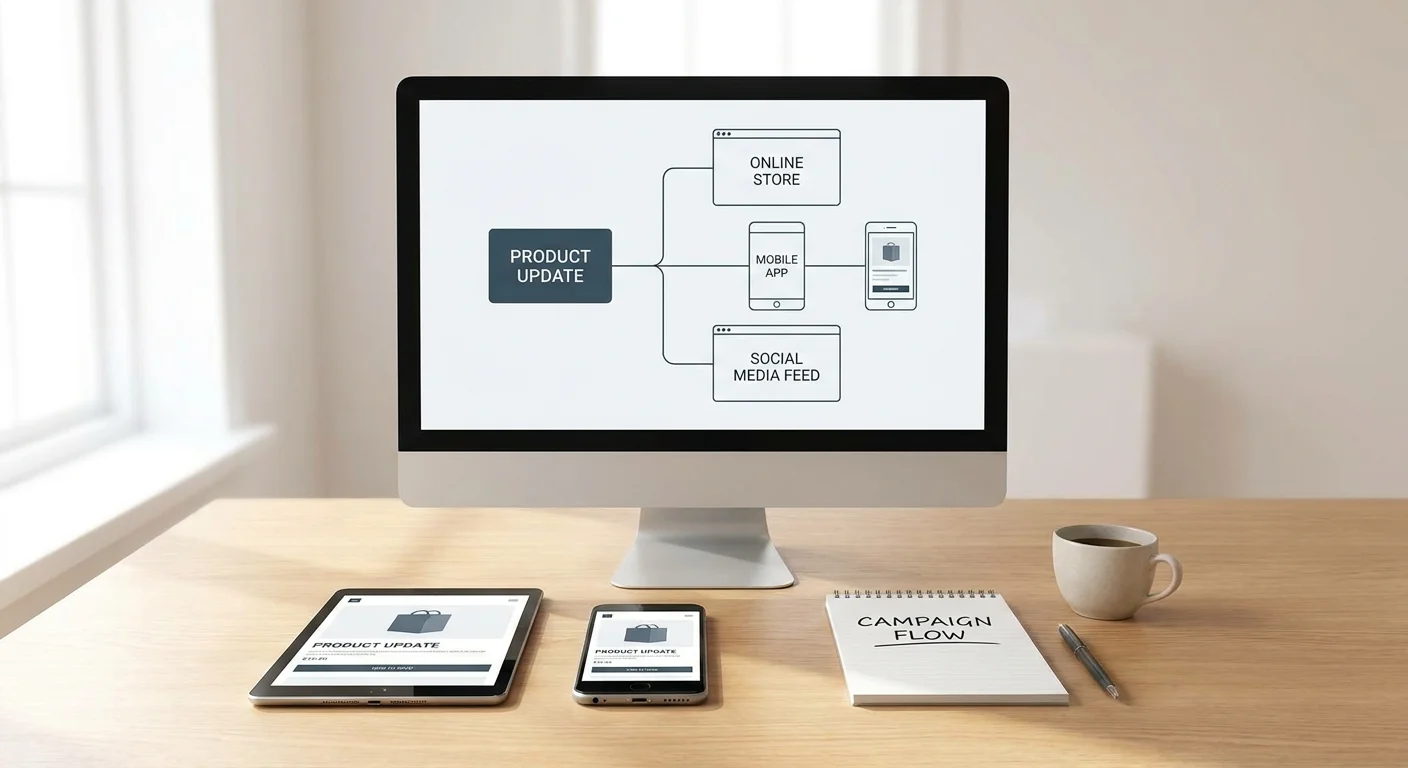 A highly organized digital workspace displaying automated workflows where a central product update instantly cascades across various e-commerce storefronts and mobile screens.