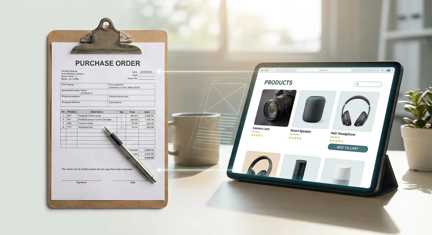 A split-screen digital rendering showing a traditional paper B2B order form transforming into a sleek, consumer-grade online portal with rich product imagery.