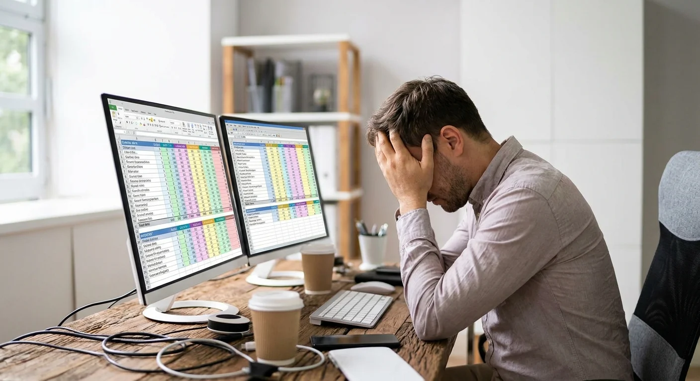 A frustrated ecommerce manager sitting at a desk overwhelmed by multiple glowing spreadsheet screens, symbolizing the 'spreadsheet ceiling'.