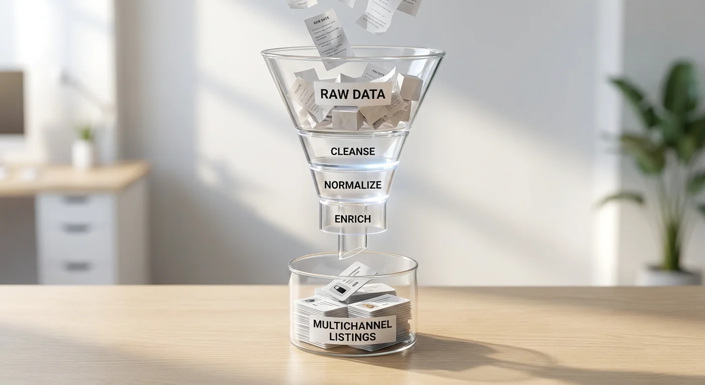A clean, modern diagram showing raw data entering a funnel, passing through 'Cleanse', 'Normalize', and 'Enrich' stages, and exiting as polished multichannel product listings.