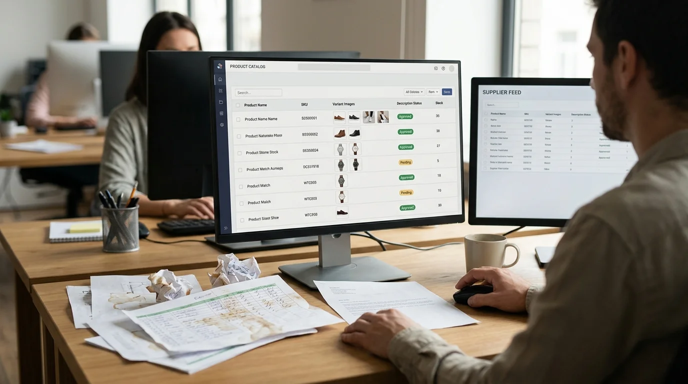 An e-commerce catalog team replaces a chaotic spreadsheet-and-email workflow with one organized workspace containing approved product records, variant images, and validation statuses.
