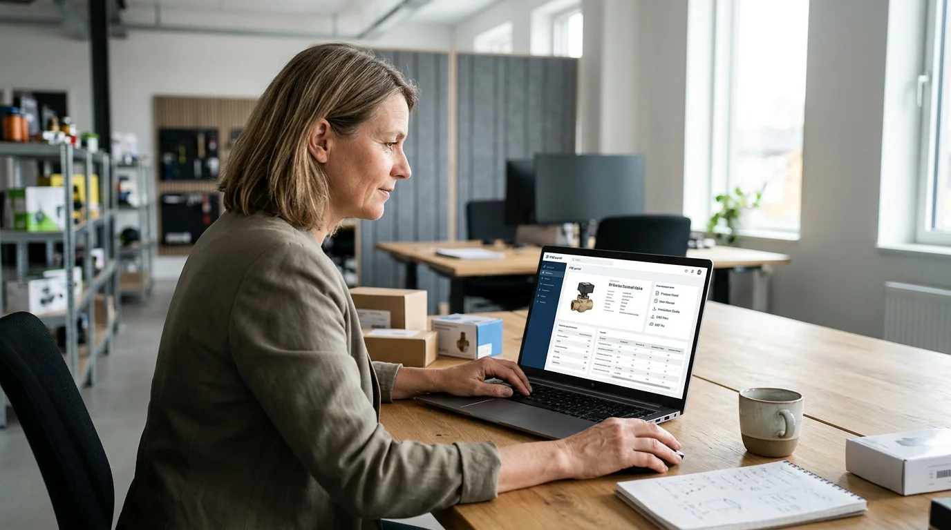 A B2B distributor uses a controlled brand portal to search an approved SKU, compare variants, and download the correct product sheet, manual, and media files.