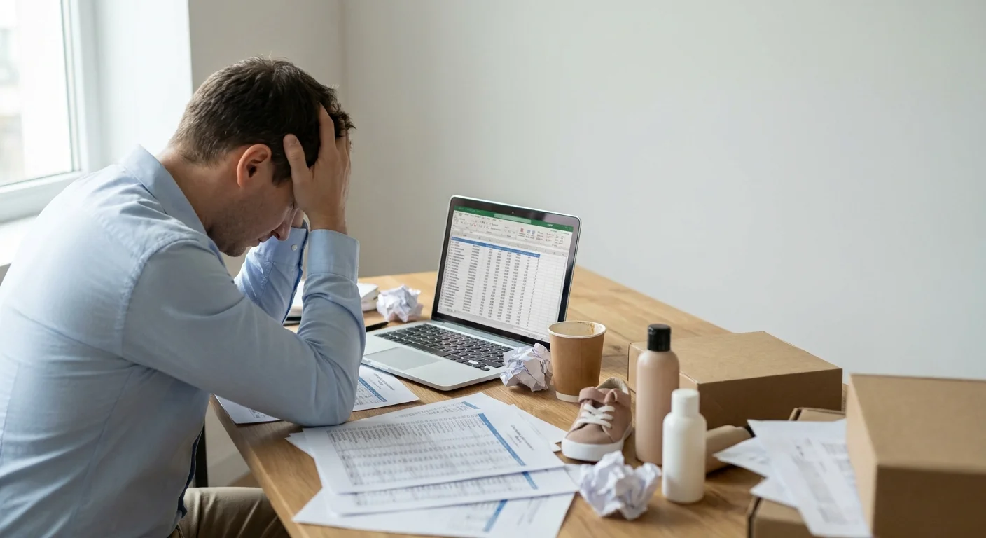 A stressed e-commerce manager sitting at a desk overflowing with messy spreadsheets and scattered product samples.