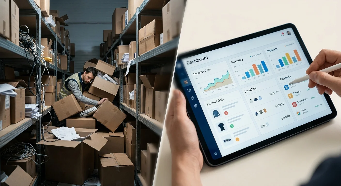 A split view showing a chaotic, disorganized warehouse on one side and a highly organized, streamlined digital dashboard on the other.