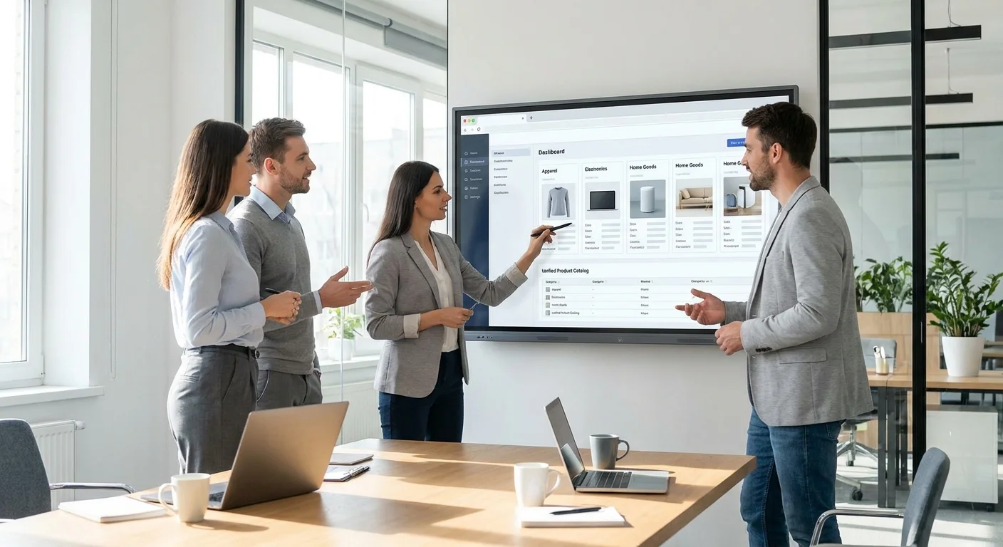 A sleek modern office where a team collaboratively reviews a unified product catalog on a large interactive digital screen.