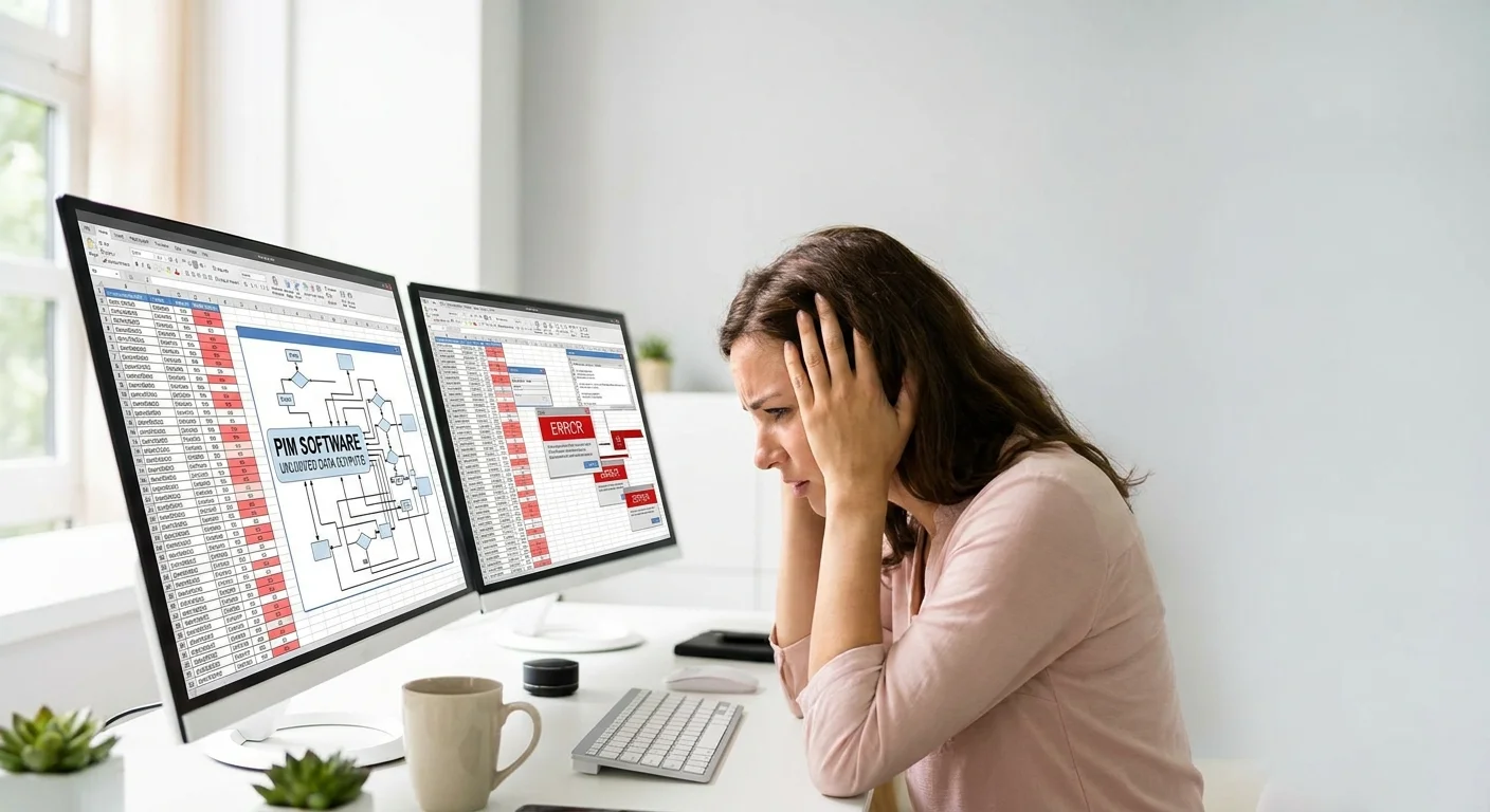 A frustrated e-commerce manager looking at a complex, tangled spreadsheet with red error highlights on a dual-monitor setup.