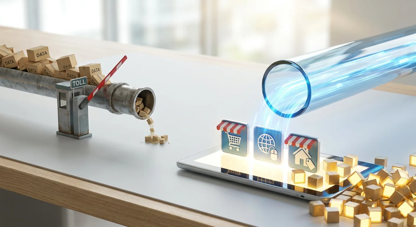 A side-by-side conceptual visualization: on the left, a restricted pipeline with a toll gate blocking boxes; on the right, a wide, glowing data pipeline flowing seamlessly into multiple online storefront icons.