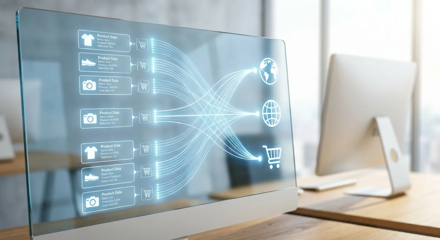 A clean, futuristic dashboard glowing on a screen, showing organized product data syncing effortlessly to various global marketplaces.