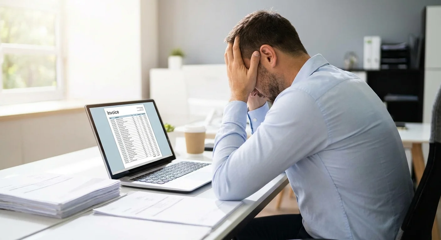 A frustrated e-commerce manager looking at a complex, overflowing invoice on a computer screen in a modern office, representing the hidden costs of SaaS seat pricing.