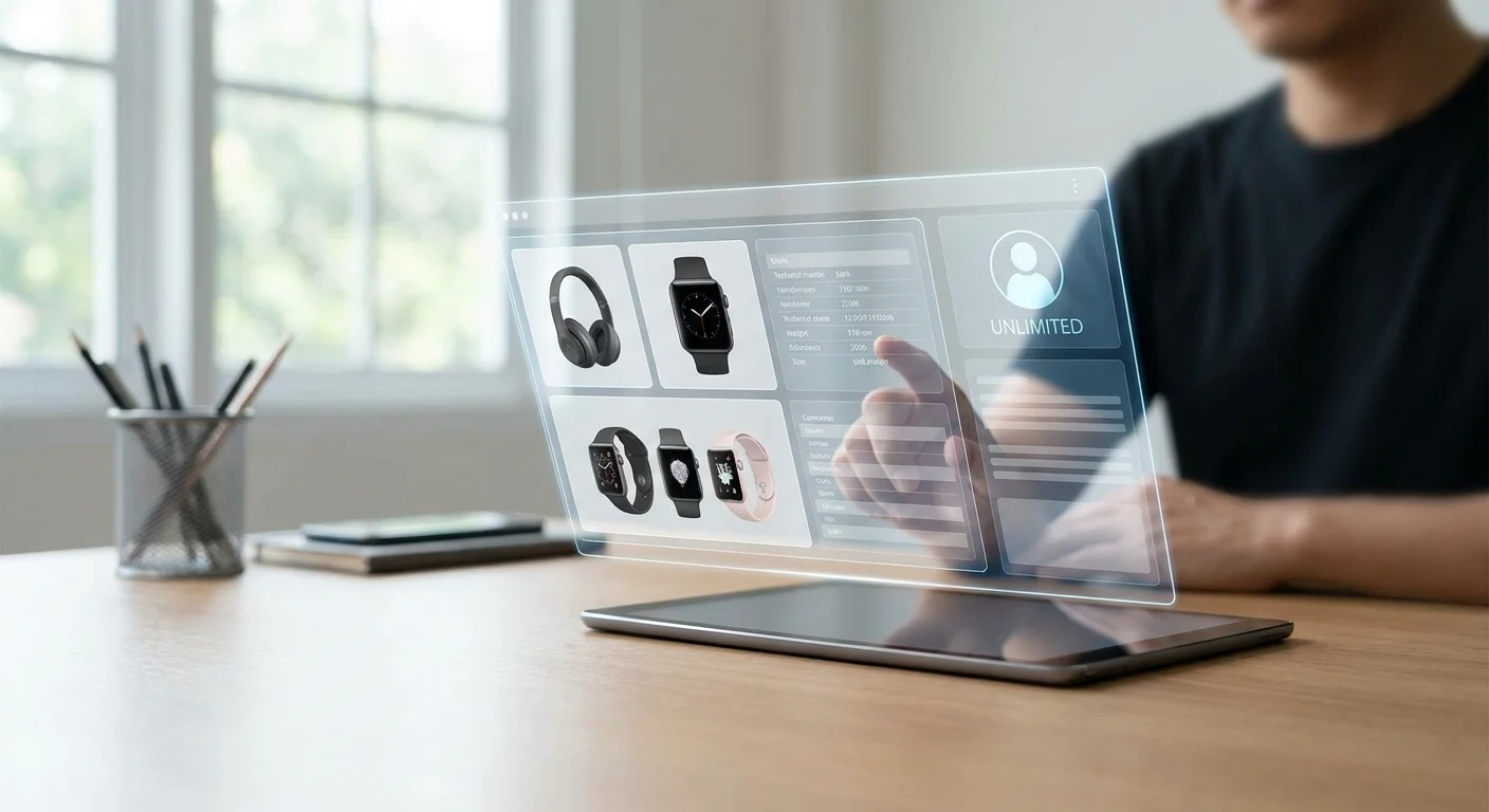 A digital workspace showing high-resolution product photos and text-based technical specs seamlessly merging into a single glowing central hub, symbolizing the unification of PIM and DAM.