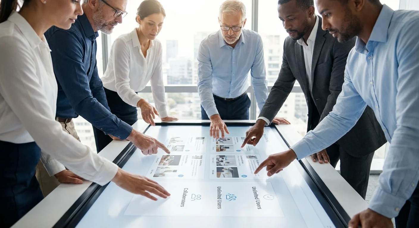 A diverse team of external vendors and internal marketing staff collaborating seamlessly over a shared digital product catalog displayed on a large interactive conference table.