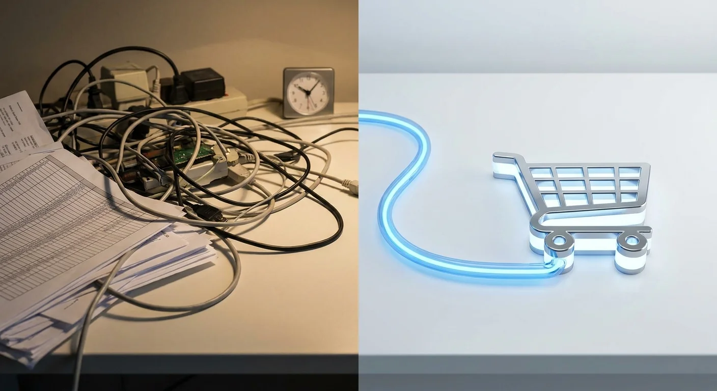 A split-screen illustration showing a tangled web of wires and spreadsheets on one side, contrasted with a smooth, glowing, direct data stream flowing seamlessly into a shopping cart on the other.