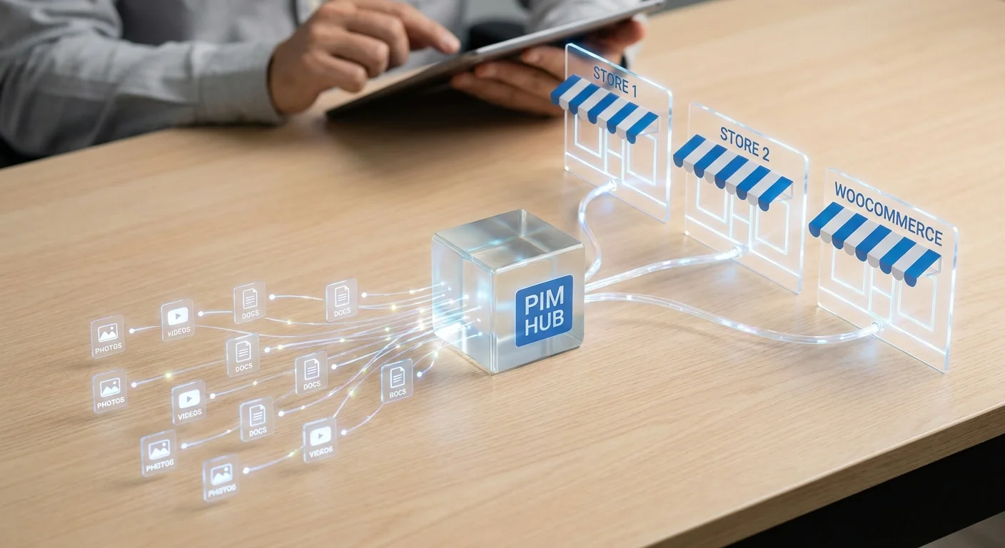 A digital flowchart showing various floating digital assets like photos, videos, and text documents funneling into one central hub, then branching out instantly to multiple glowing storefronts.