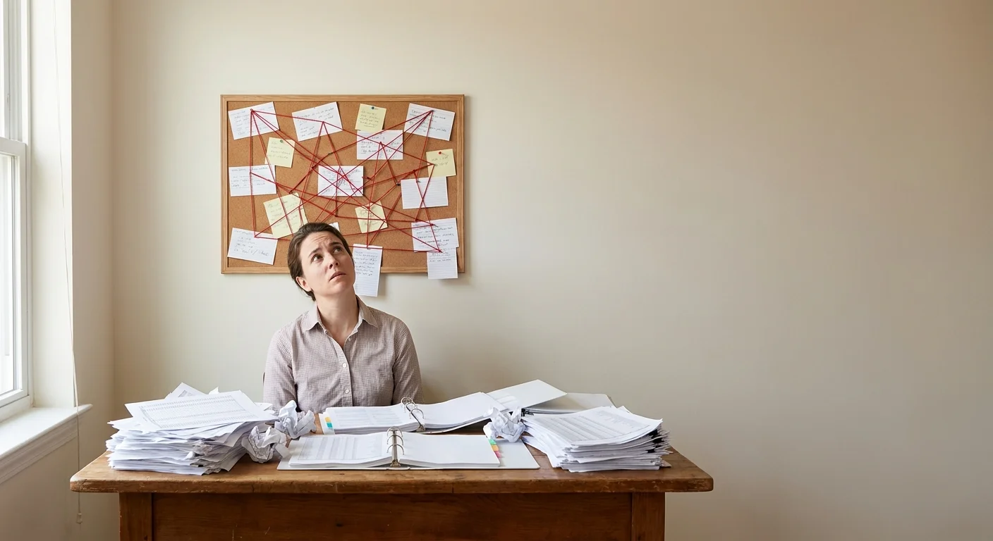 A frustrated e-commerce manager sitting at a desk overflowing with printed spreadsheets while staring at a chaotic, tangled web of red strings on a bulletin board.