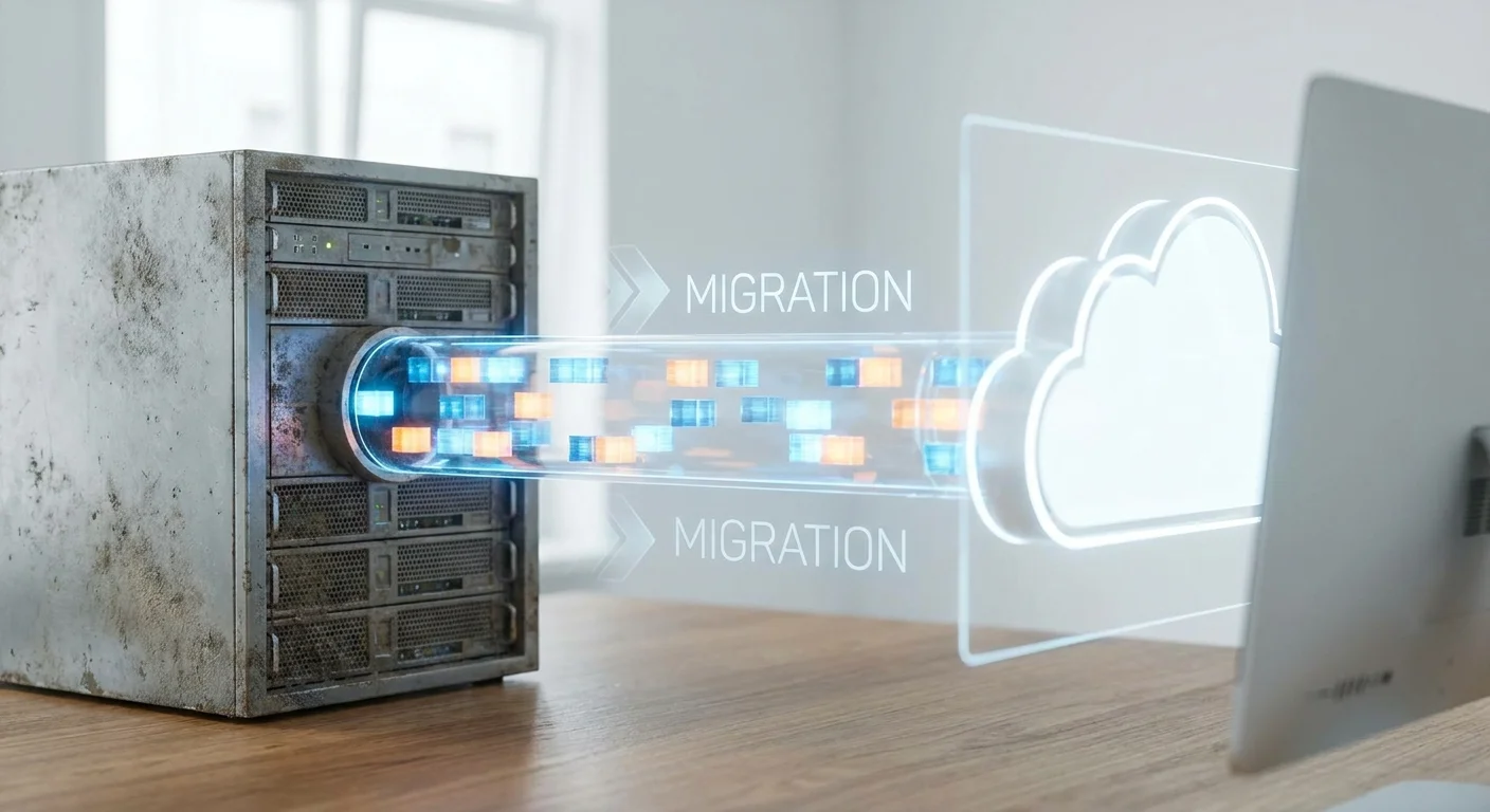 A sleek, futuristic digital pipeline transferring glowing blocks of structured data effortlessly from a dusty old server into a bright, modern cloud interface.