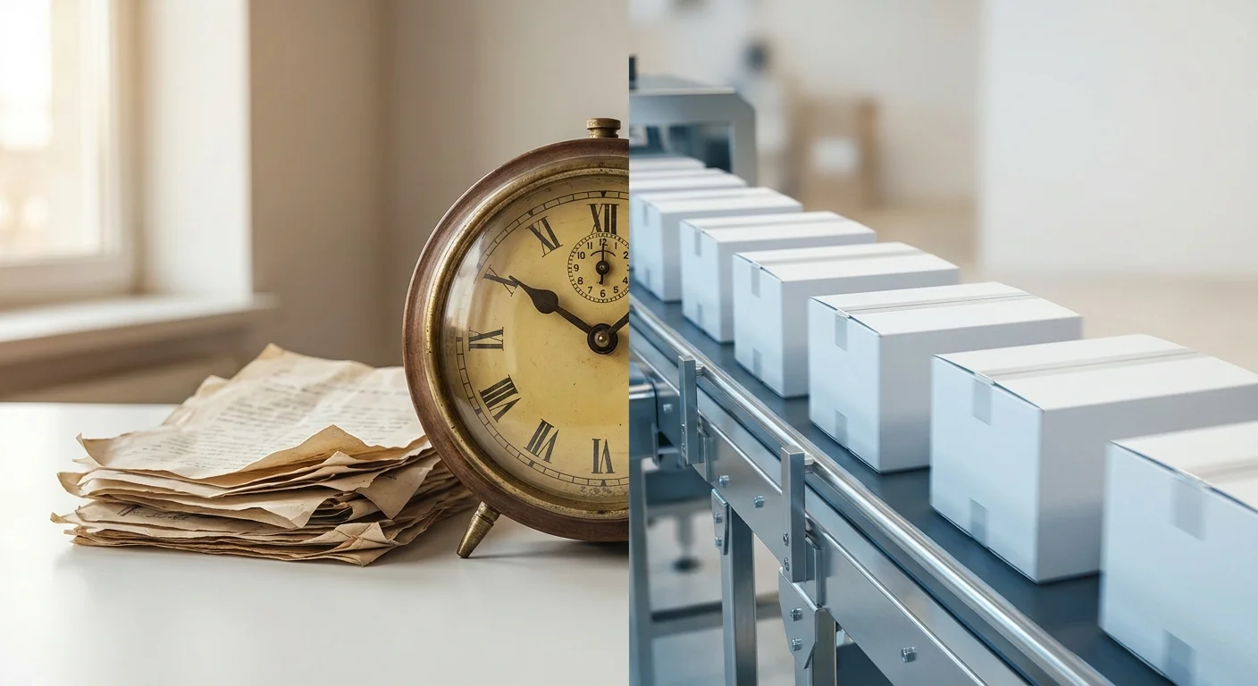 A split-screen visual showing a slow, manual clock on one side and a fast-moving, streamlined conveyor belt of pristine product boxes on the other.