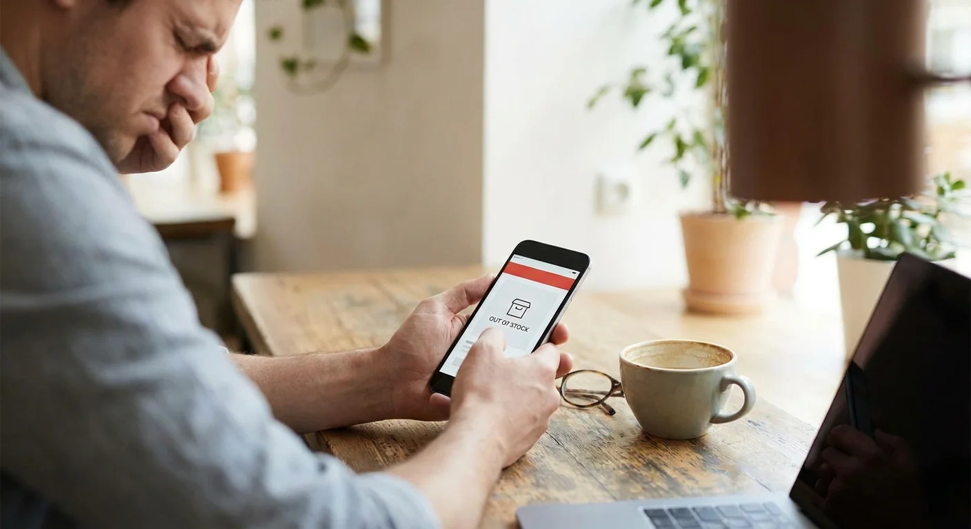 A frustrated online shopper looking at a red 'out of stock' banner on their smartphone while sitting in a cafe.