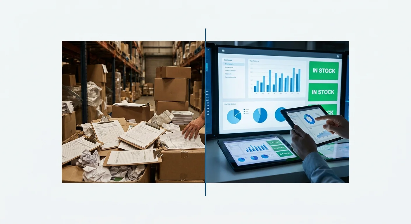 A split-screen visual showing a disorganized warehouse full of clipboards on one side and a glowing, synchronized digital dashboard on the other.