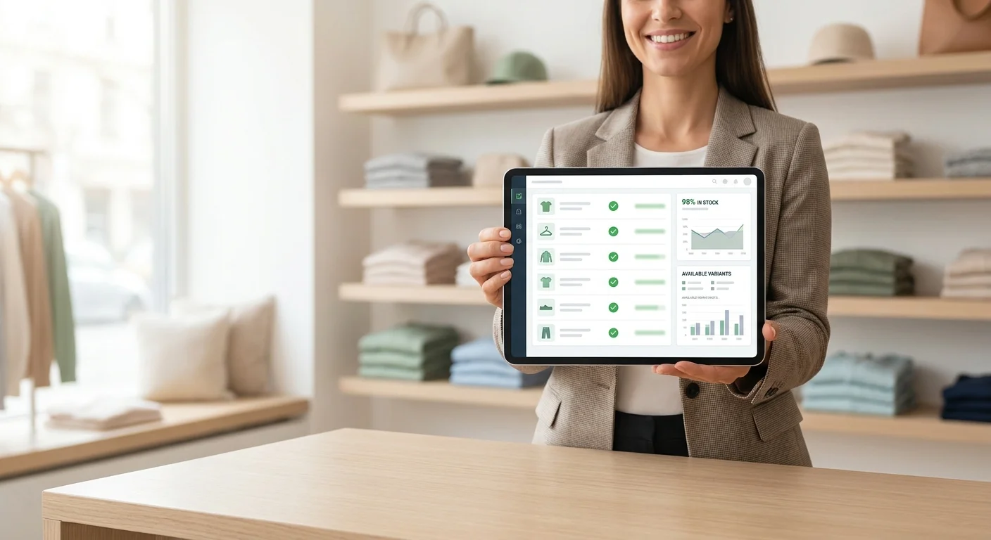 A retail manager confidently reviewing real-time analytics on a tablet, showing green inventory indicators and rich product variants.