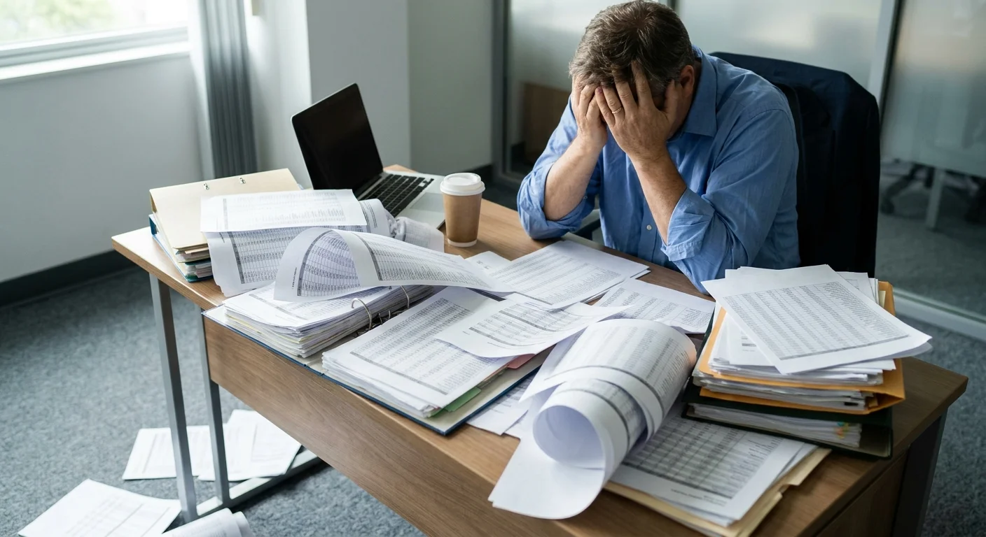 A stressed e-commerce manager overwhelmed by stacks of messy spreadsheet printouts on their desk.