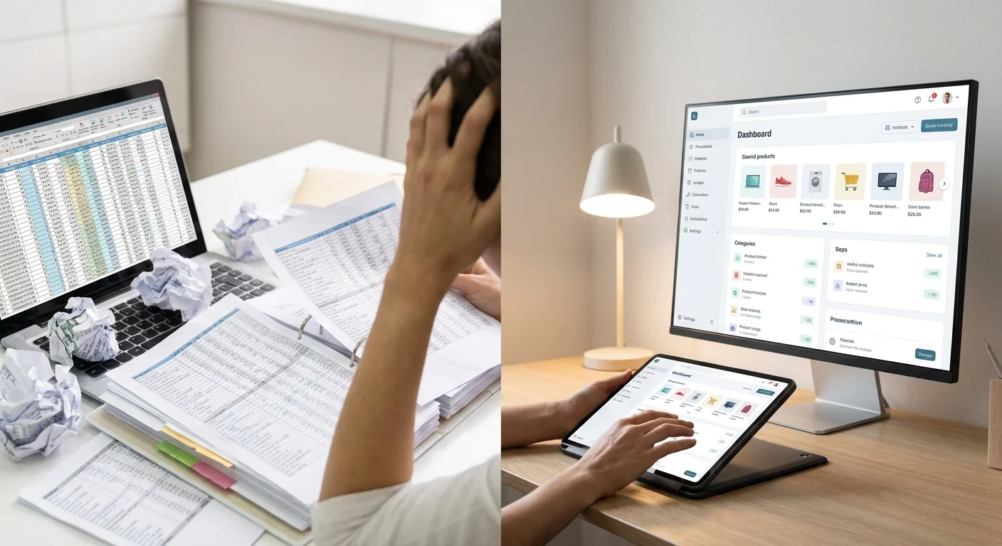 A split-screen visual showing a tangled mess of spreadsheets on one side and a clean, unified modern dashboard on the other.