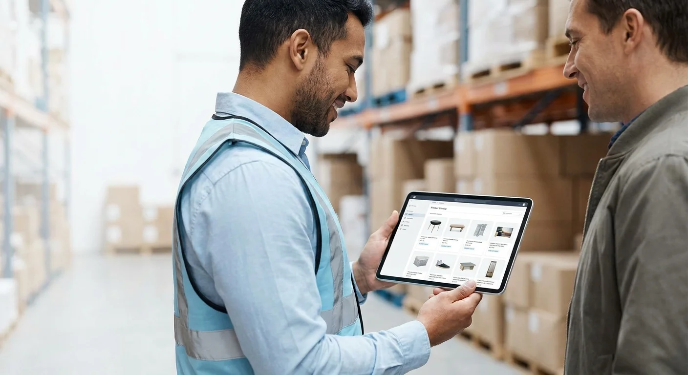 A warehouse team member effortlessly sharing product specifications with a supplier using a sleek tablet interface.