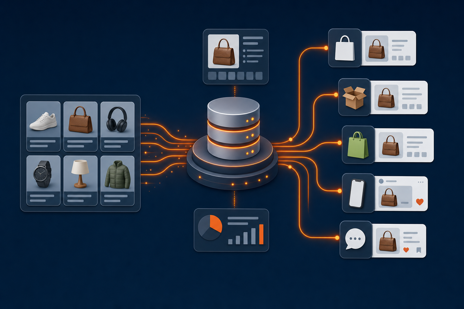 product feed management diagram showing multi-channel data distribution from a central PIM hub.