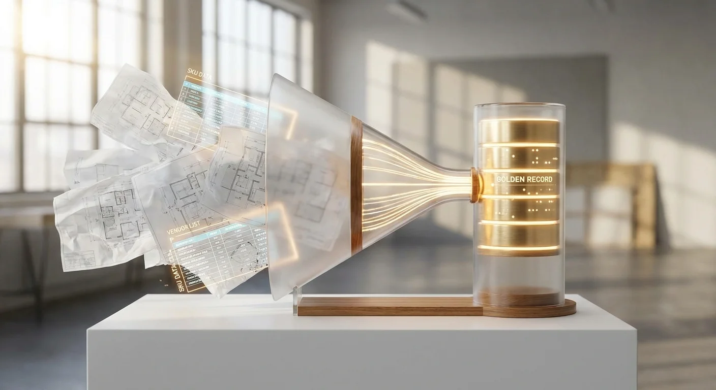 A visually distinct architectural diagram showing chaotic, fragmented spreadsheets funneling into a glowing, centralized 'golden record' database.
