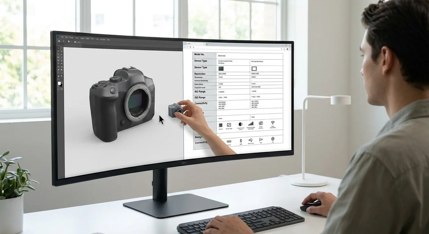 A split-screen workspace showing an e-commerce manager dragging a 3D product model alongside technical specs in a unified dashboard.