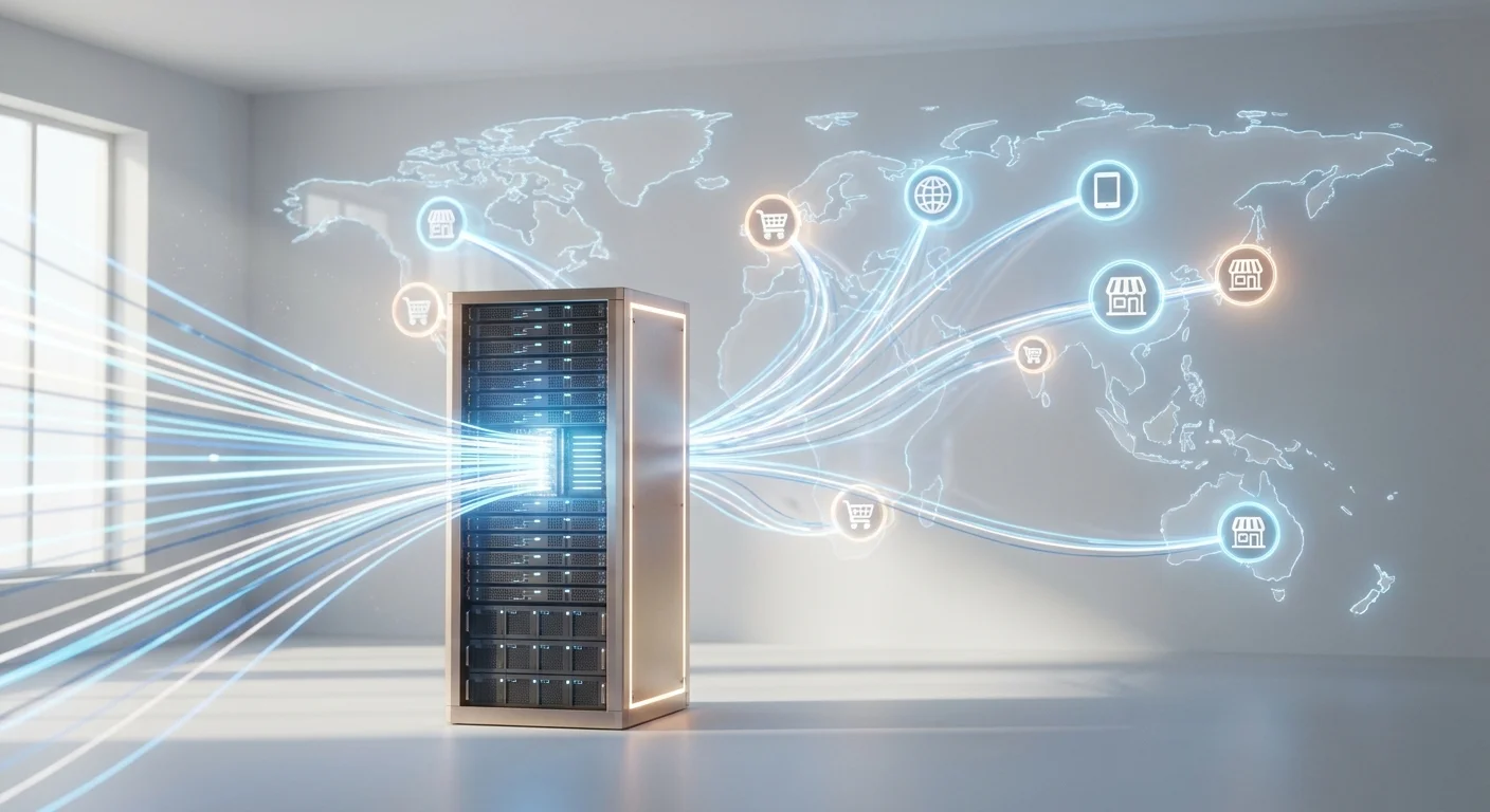 A real-time data flow visualization connecting a central retail hub to various diverse marketplace storefronts resembling glowing nodes on a map.