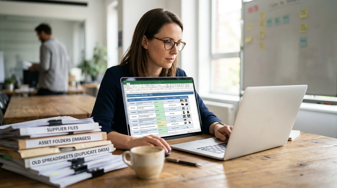 Opening scene of an e-commerce or catalog team replacing conflicting spreadsheets, supplier files, and shared asset folders with one approved product record.