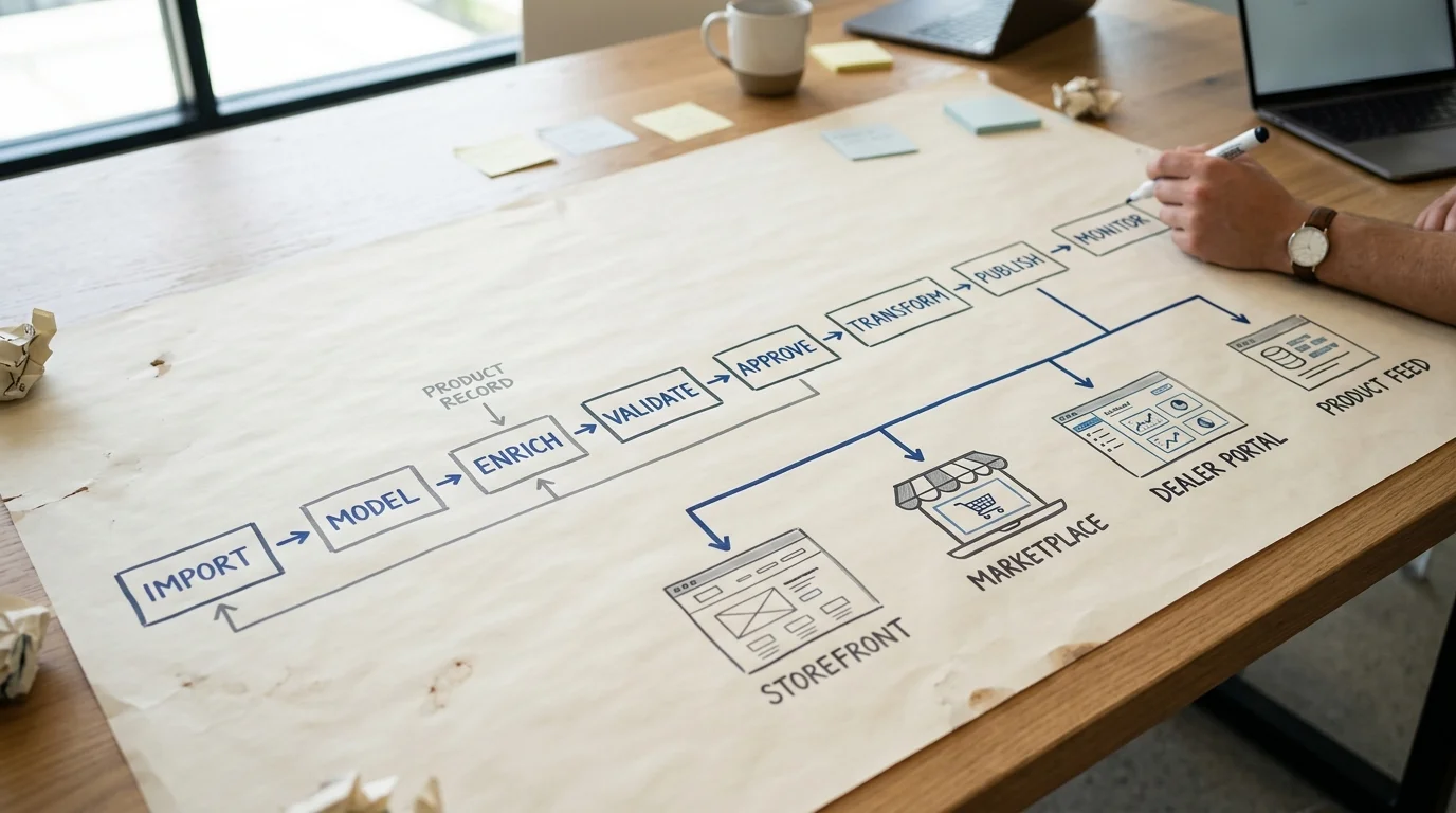 A clean workflow diagram showing Import → Model → Enrich → Validate → Approve → Transform → Publish → Monitor, with the record branching to a storefront, marketplace, dealer portal, and product feed.