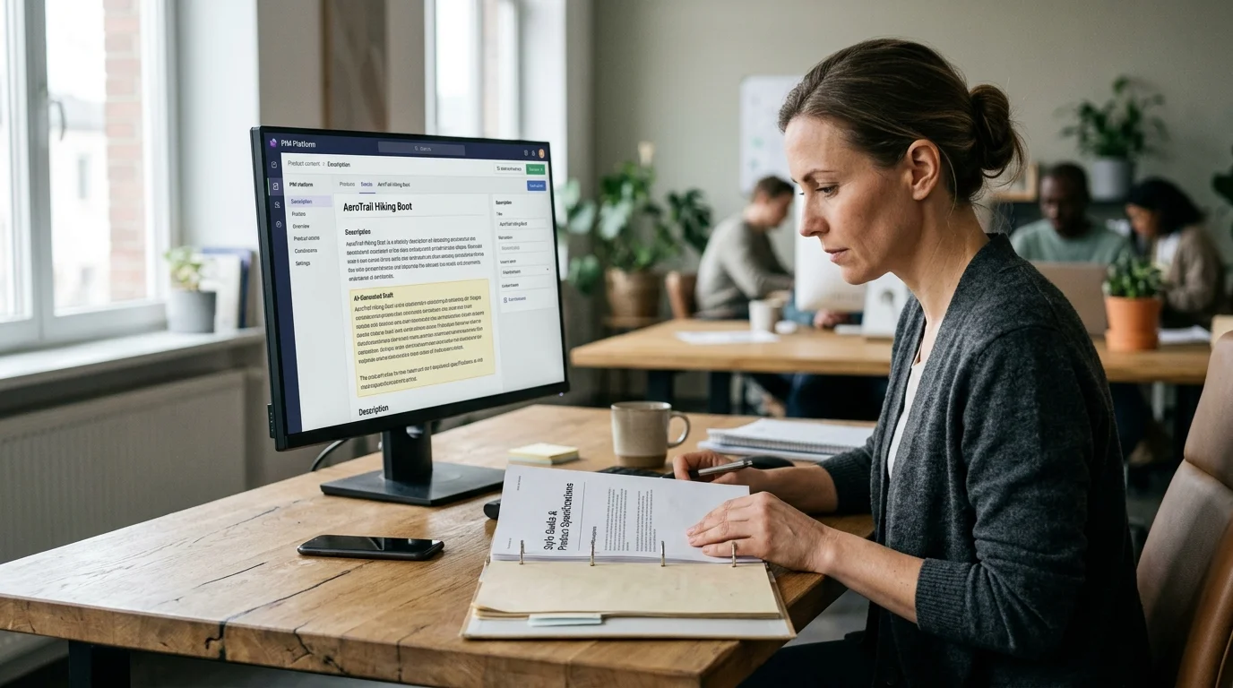 A catalog editor reviewing an AI-generated product description against approved specifications before approving it for publication.