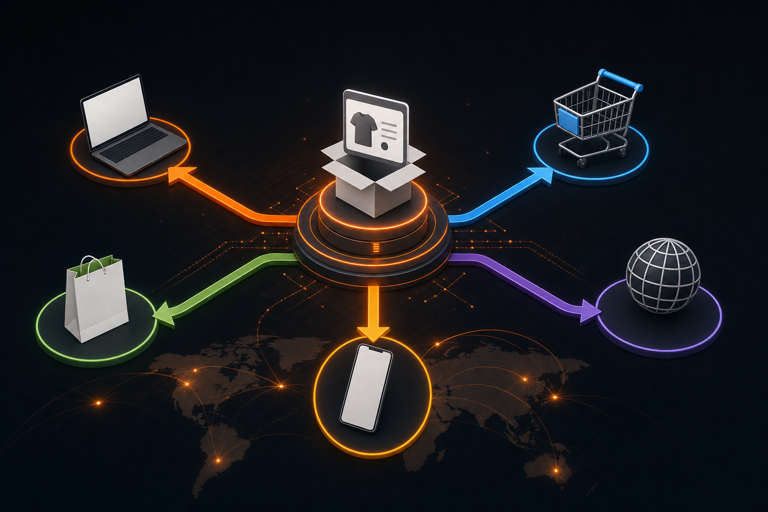 Product syndication diagram showing data flowing from a central PIM hub to multiple sales channels.