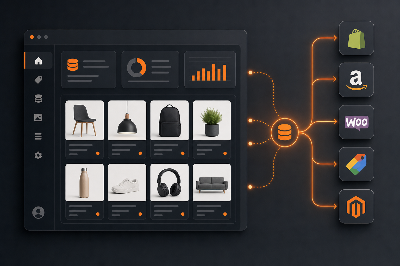 PIMInto PIM platform syndicating product data to multiple ecommerce channels including Shopify and Amazon.