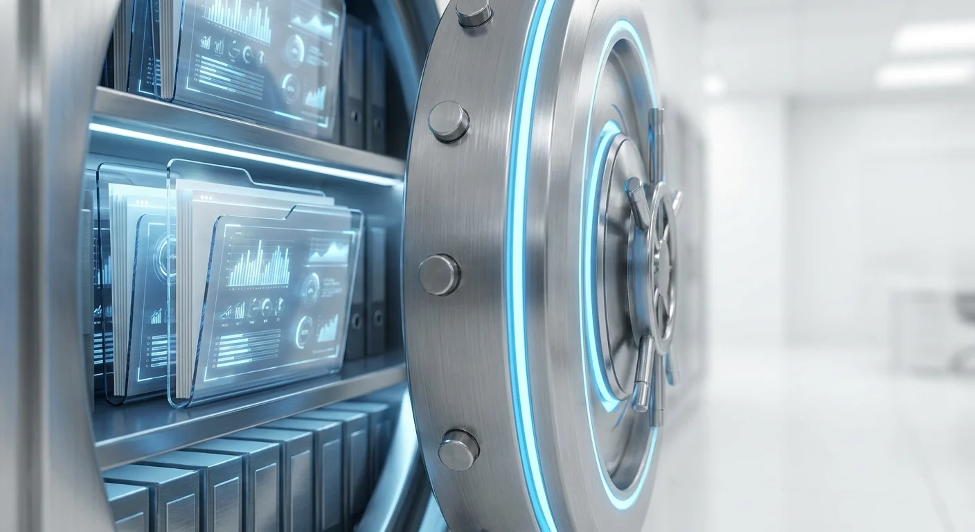 A secure, futuristic vault door opening to reveal glowing, highly organized digital files and folders.