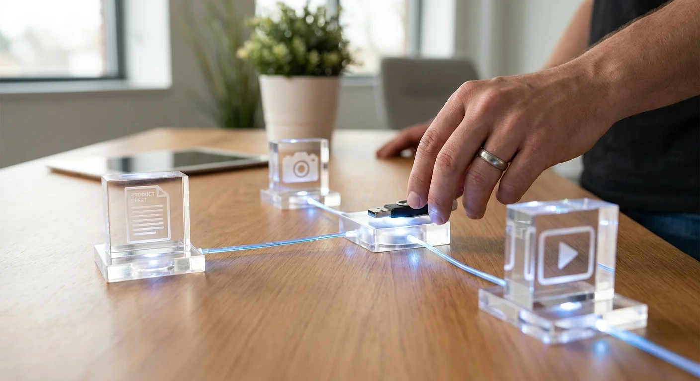A network of glowing nodes seamlessly connecting text documents with high-resolution image and video files.