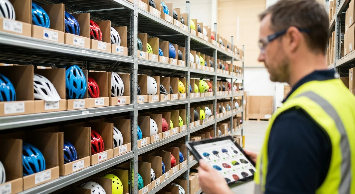 A warehouse manager looking at a complex matrix of different-sized sporting helmets and colorways on industrial commercial shelving.