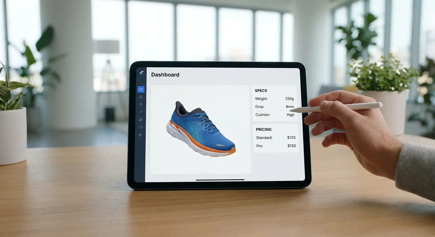 A digital dashboard displaying a 3D rendering of a running shoe dynamically linked to its technical specifications and pricing tiers.