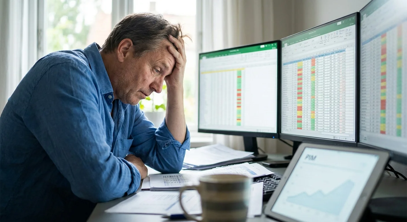 A frustrated e-commerce manager staring at a complex, messy spreadsheet full of product data on multiple glowing monitors.