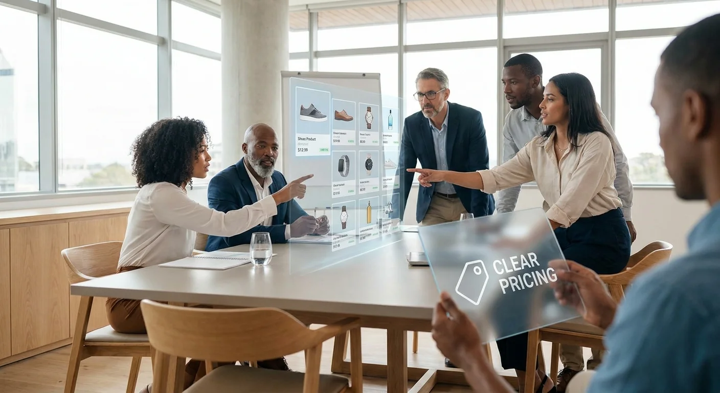 A modern, well-lit conference room where a team of professionals is collaborating smoothly around a table with digital product assets floating above it.