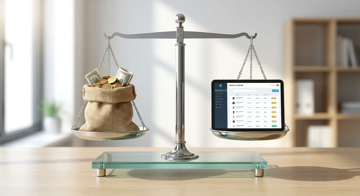 A simple, sleek balance scale weighing a heavy, overflowing bag of money on one side against a neatly organized digital product catalog on the other.