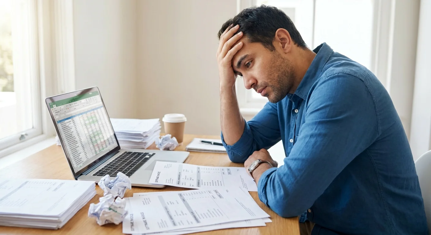A frustrated e-commerce manager reviewing a complex spreadsheet surrounded by multiple expensive software bills on a desk.