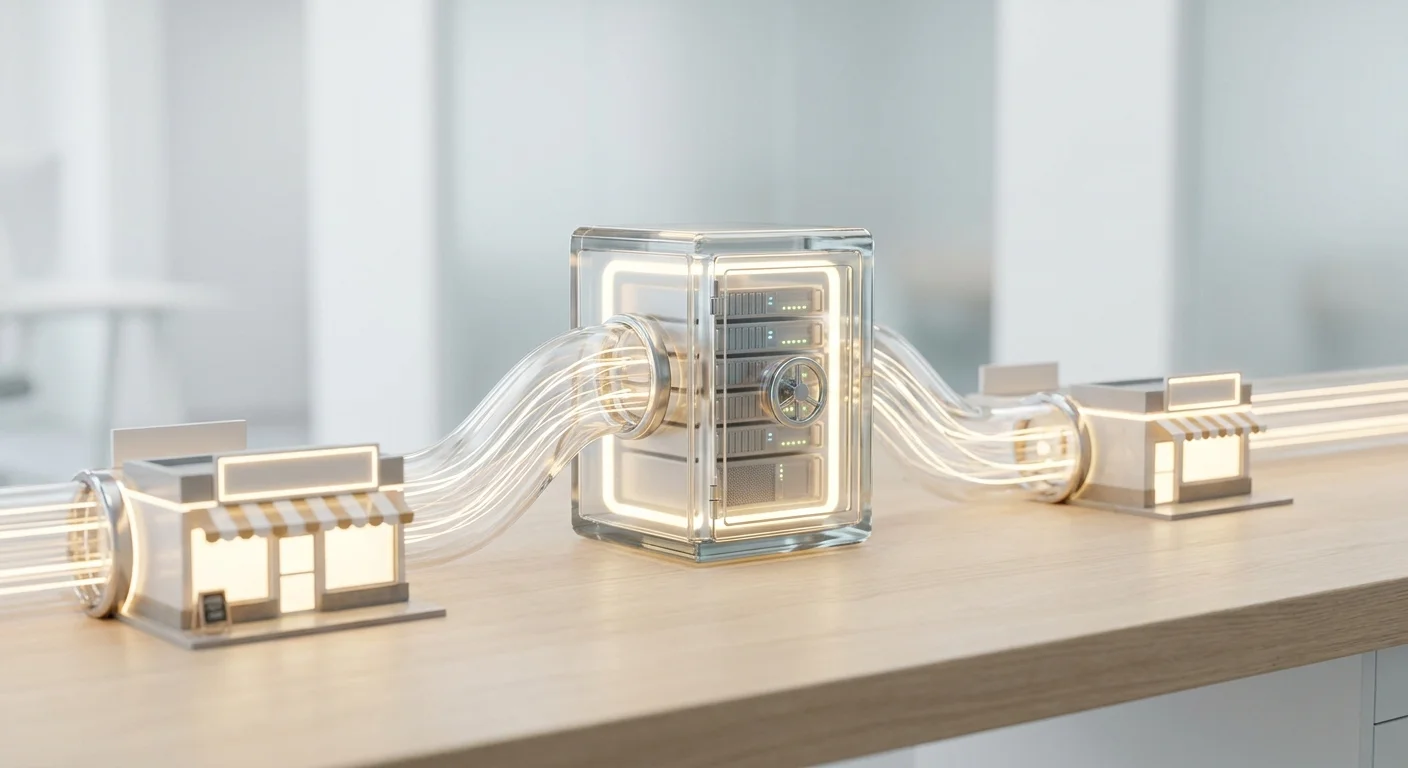 A seamless, glowing pipeline connecting a central digital vault directly to various retail storefronts in a modern digital landscape.