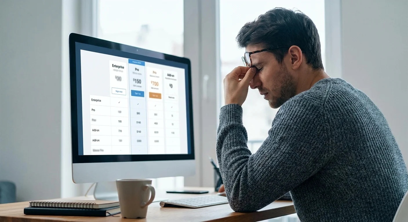 A frustrated e-commerce manager looking at an overly complex, expensive software pricing chart on a glowing monitor.