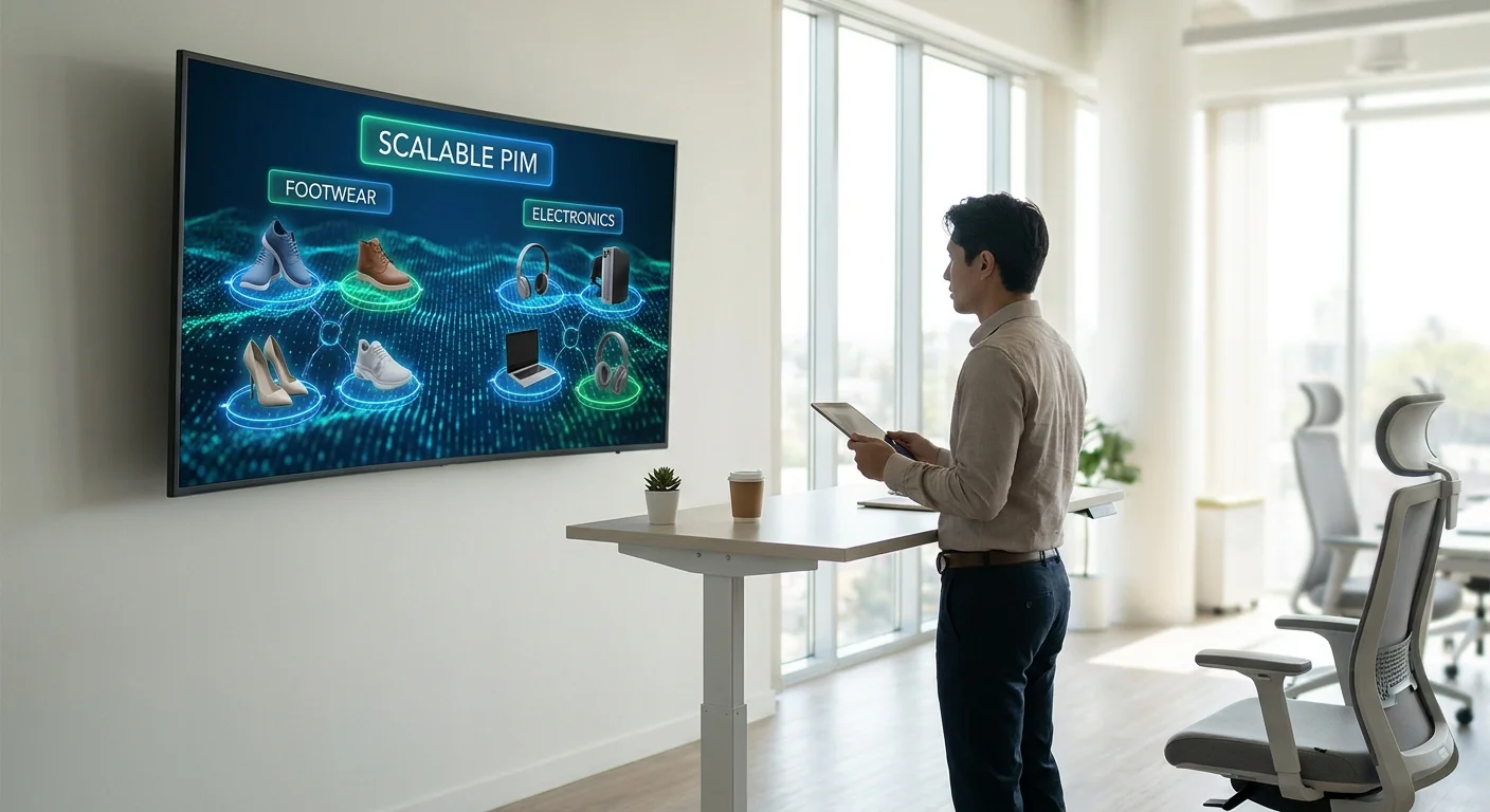 A sleek, futuristic office where glowing AI data streams are automatically categorizing and tagging 3D product models on a large screen.